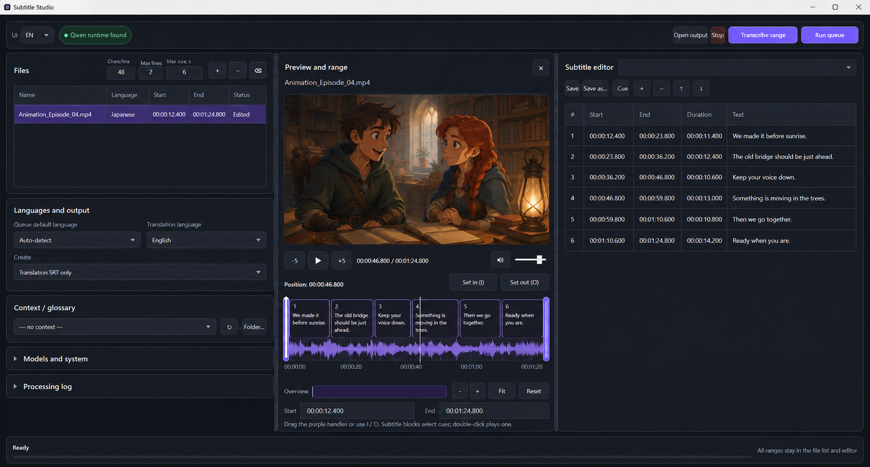 Subtitle Studio interface with an animated video preview, waveform, and edited subtitle cues